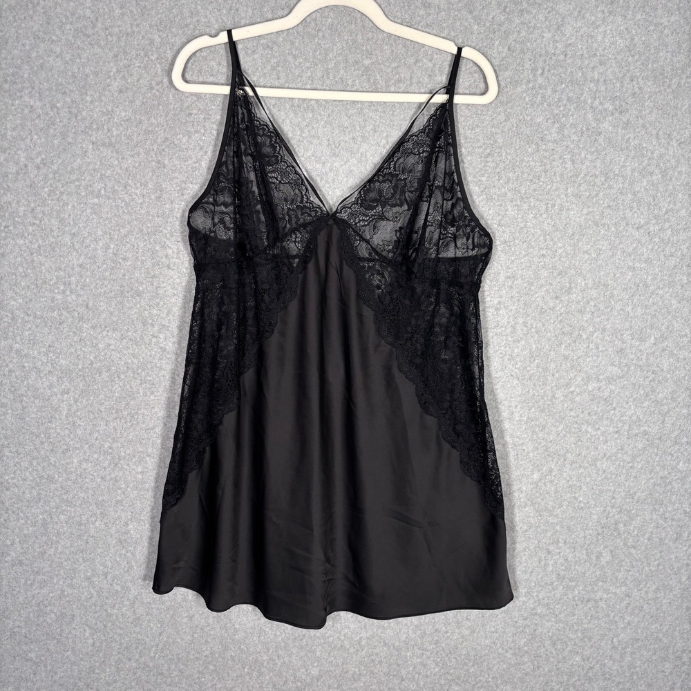 Fox & Royal Satin Lace Chemise Mini Slip Dress 16 Black Lingerie Ethereal